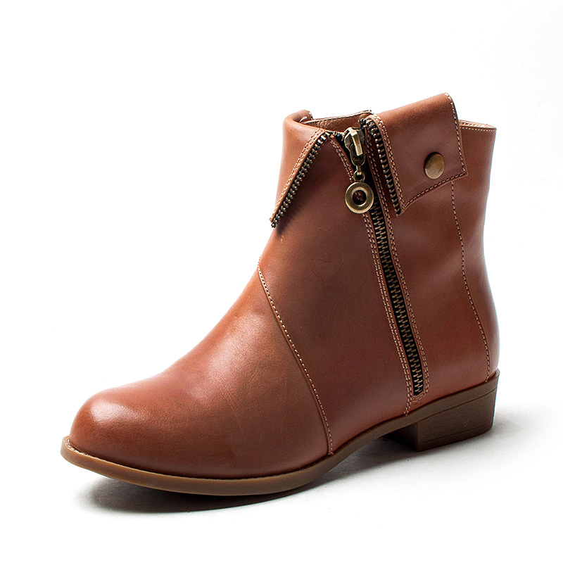 加绒棉靴真皮短靴子女冬棕色牛皮圆头平跟金属拉链复古FB5411C116