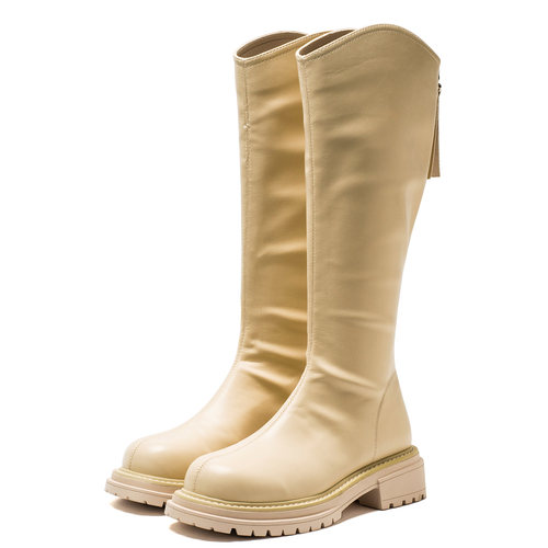 大码时尚长靴子女冬米白色弹力皮革圆头厚底中粗跟拉链MD34117010