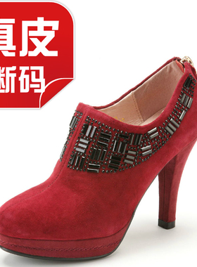 大码真皮女鞋子秋深口红色婚宴羊皮高跟水台后拉链及踝FB33S2I721