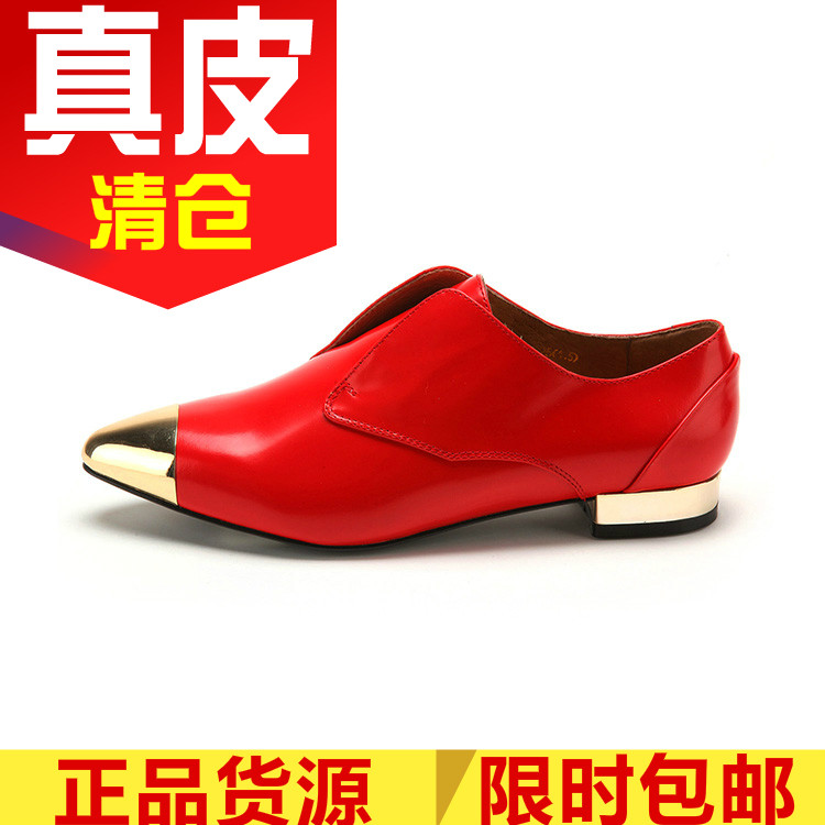 真皮单鞋深口红色牛皮女鞋子低跟尖头套脚及踝德比鞋330086023