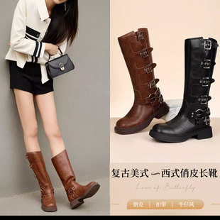 帅气朋克机车长靴子粗跟女冬复古皮革圆头厚底水台低跟MD34117012