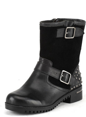 小码真皮机车短靴子女冬黑色牛皮圆头粗跟金属铆钉拉链FB34S7A474