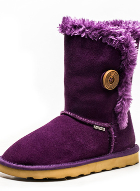 加毛加厚雪地靴冬真皮短靴子女紫色磨砂牛皮毛毛平底跟SF14ST9701