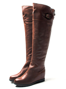 断码真皮过膝长靴子女冬棕色头层牛皮侧拉链内增高圆头SF24S91902