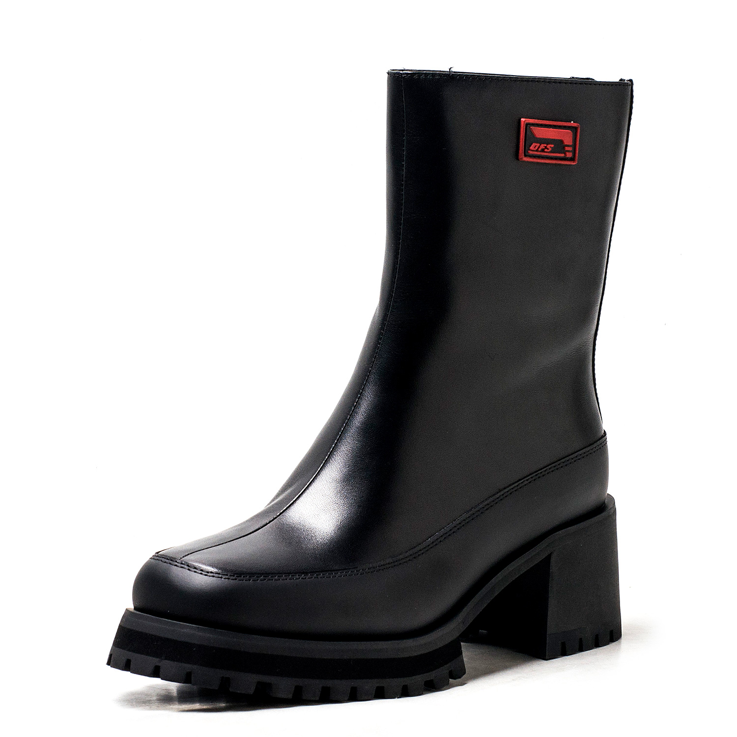 加毛雪地棉靴暖脚真皮短靴子女冬黑色牛皮方头粗跟拉链DF1411A312