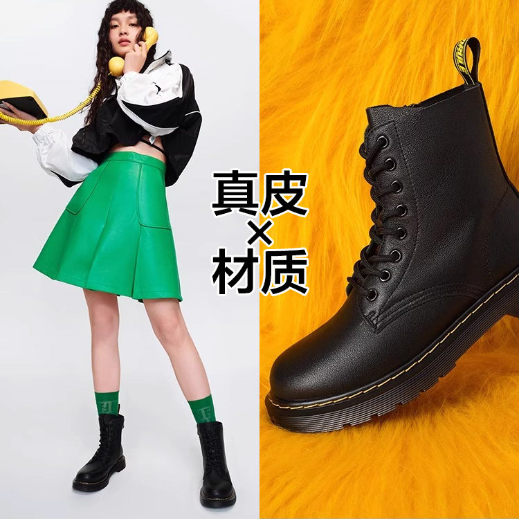 真皮短靴子女黑色牛皮马丁靴圆头绑带拉链低跟百搭时尚SS24116697