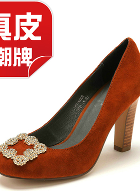意牌真皮女鞋子优雅复古羊猄单鞋高跟圆头水钻方扣粗跟KL33S15002