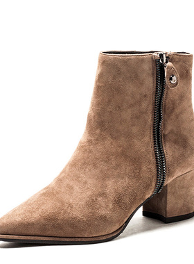 羊猄真皮短靴子女冬卡其色羊皮尖头粗跟拉链中跟职业风MFF4116006