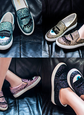 瑕疵真皮单板鞋子女圆头闪闪亮片平底跟不对称眼睛睫毛SF71112084