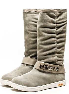 羊毛加厚棉靴羊猄真皮长靴子女冬雪地靴平底跟圆头套筒RZ94SC1602