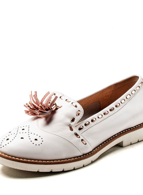 白色牛皮单鞋一脚蹬布洛克复古文艺真皮乐福鞋子女低跟MD71111218