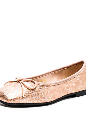 小码真皮单鞋女春秋粉红色金属牛皮鞋子方头平跟蝴蝶结SS3112100B