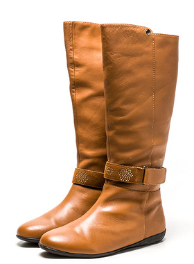 全真皮长靴子女冬棕色羊皮圆头平底跟马靴套筒素版学生RZ94SF9503