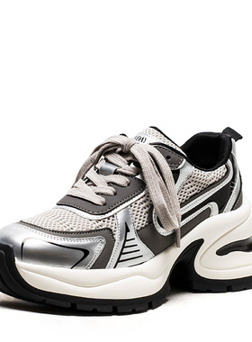 厚底鞋子春秋真皮休闲女绑带深口高跟水台舒适运动灰色MDD1112002