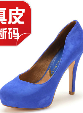 真皮女鞋子春秋蓝色绒面羊皮