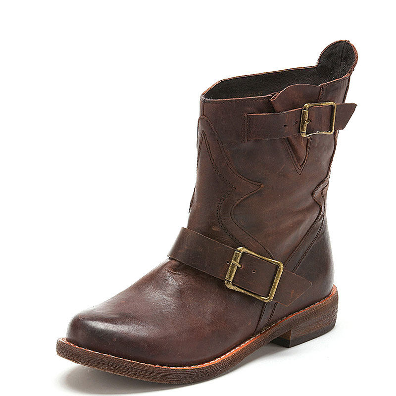 小码真皮短靴子女冬深棕色牛皮圆头低跟搭扣拉链中性风240024108,女鞋,时装靴,淘宝优惠券,粉丝福利购,淘宝优惠卷