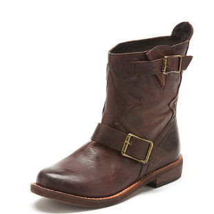 小码真皮短靴子女冬深棕色牛皮圆头低跟搭扣拉链中性风240024108