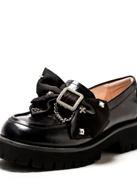 厚底真皮乐福鞋子黑色牛皮单鞋女蝴蝶结方扣中粗跟水台MD23112016
