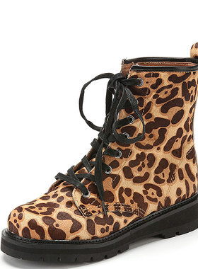 瑕疵真皮短靴子女冬马毛动物纹马丁靴圆头厚底水台拼色SF34S74301