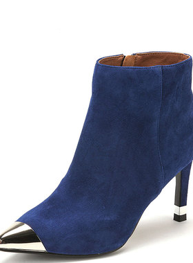 羊猄真皮短靴子女冬尖头拼接色细高跟拉链紫色性感北欧DF44115076