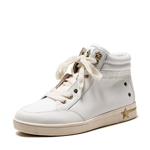 闪闪真皮板鞋高帮休闲短靴子女冬黑色牛皮绑带平跟厚底SF74116039