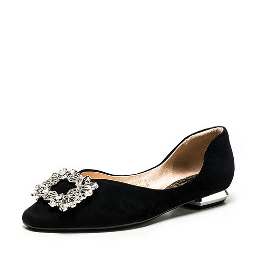 正品羊猄真皮单鞋女春秋黑色羊皮方头平跟水钻金属方扣MD41111D12