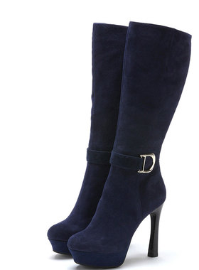 羊猄真皮长靴子女冬超高跟水台拉链圆头蓝色羊皮金属扣SS34S9363Y