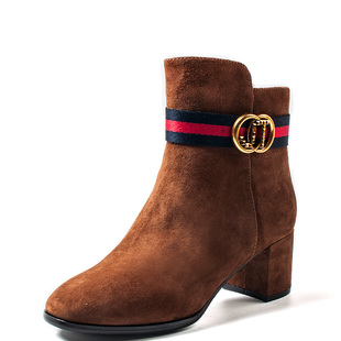 加绒棉靴羊猄全真皮短靴子女冬棕色羊皮方头中粗跟拉链SS84118071