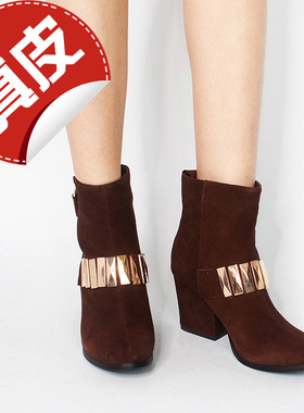 加绒棉靴真皮短靴子女冬绒面羊皮高粗跟金属搭扣侧拉链KL34SX6810