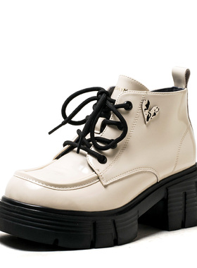 真皮短靴子女冬白色牛皮马丁靴厚底水台高粗跟拉链绑带MD44116D01