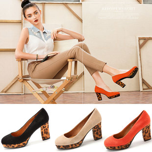 瑕疵羊猄真皮鞋 春FB31S1F081 子粗跟豹纹水台高跟舒适绒面羊皮单鞋