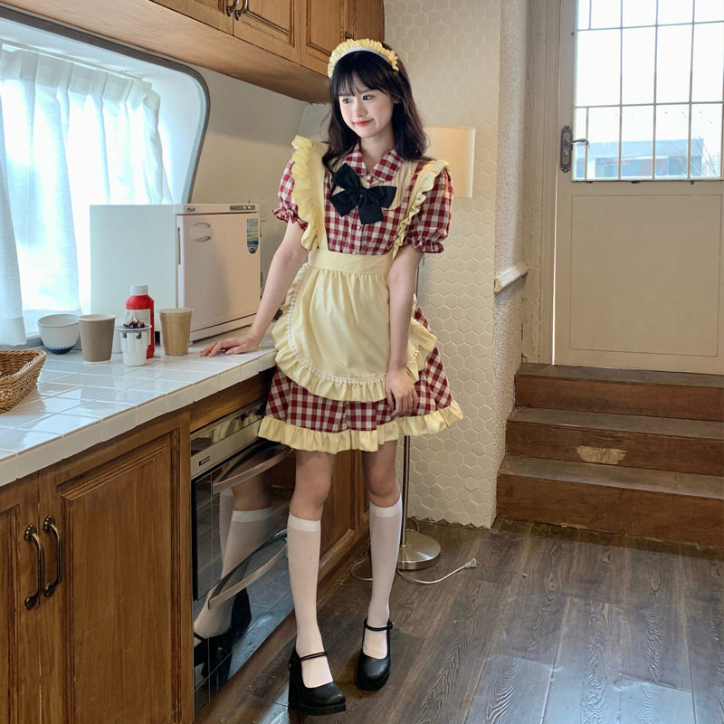 万圣节服装lolita女仆装厨娘日常红白格子cospaly女佣萝莉连衣裙