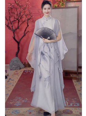 长款水墨浅灰色印花长袖连衣裙女