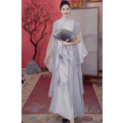 长款水墨浅灰色印花长袖连衣裙女