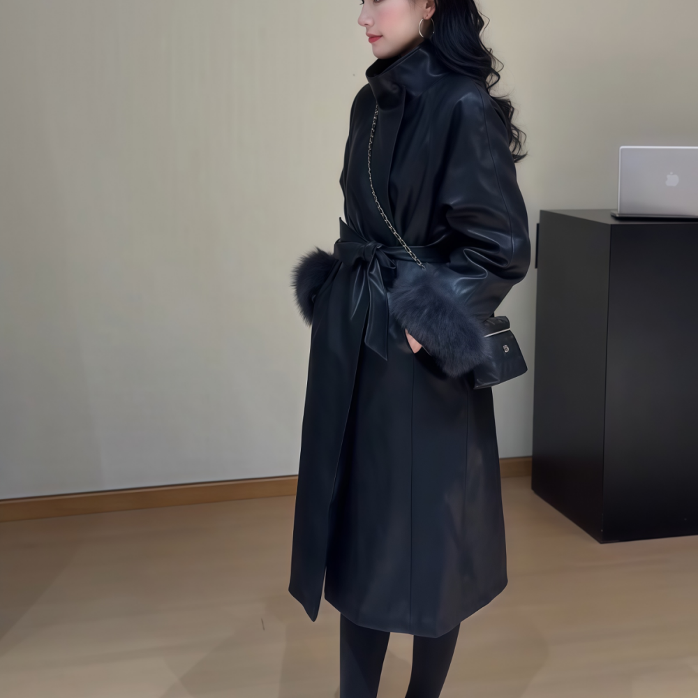 中长款黑色皮质立领毛毛袖棉衣女