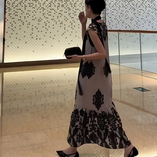 长款卡其色印花无袖背心连衣裙女