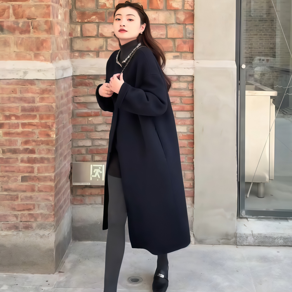 高级感休闲中长款黑色毛呢外套女