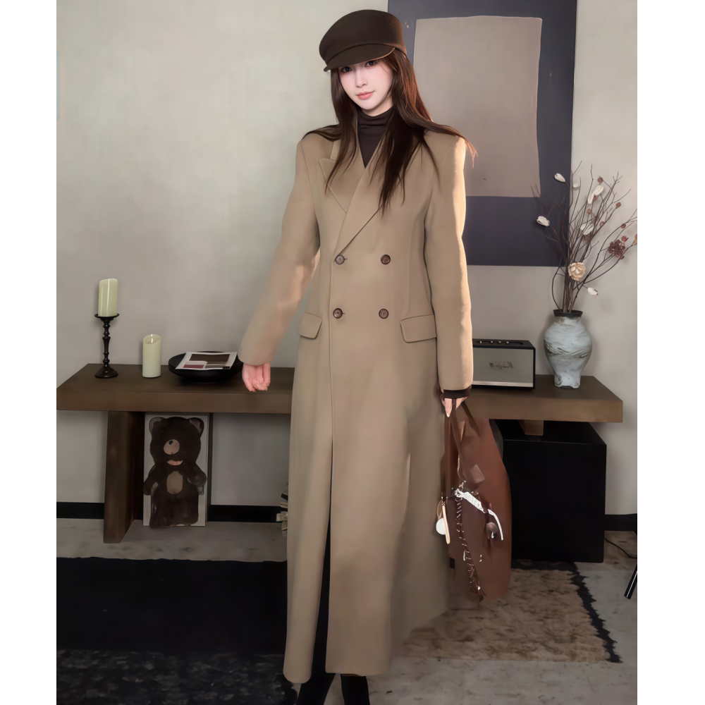 显瘦长款卡其色毛呢西装外套女装