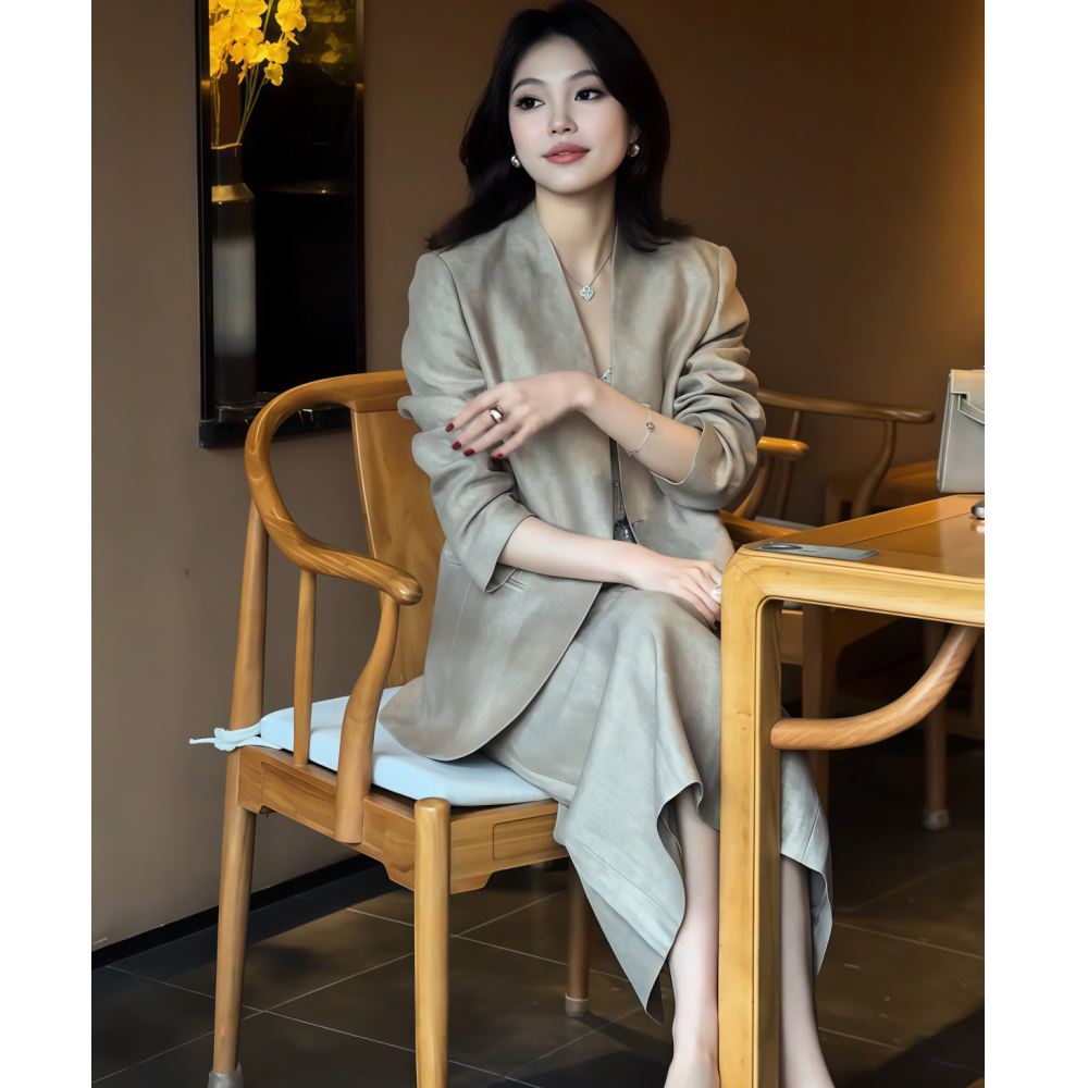 麻料卡其色西装外套半裙套装女