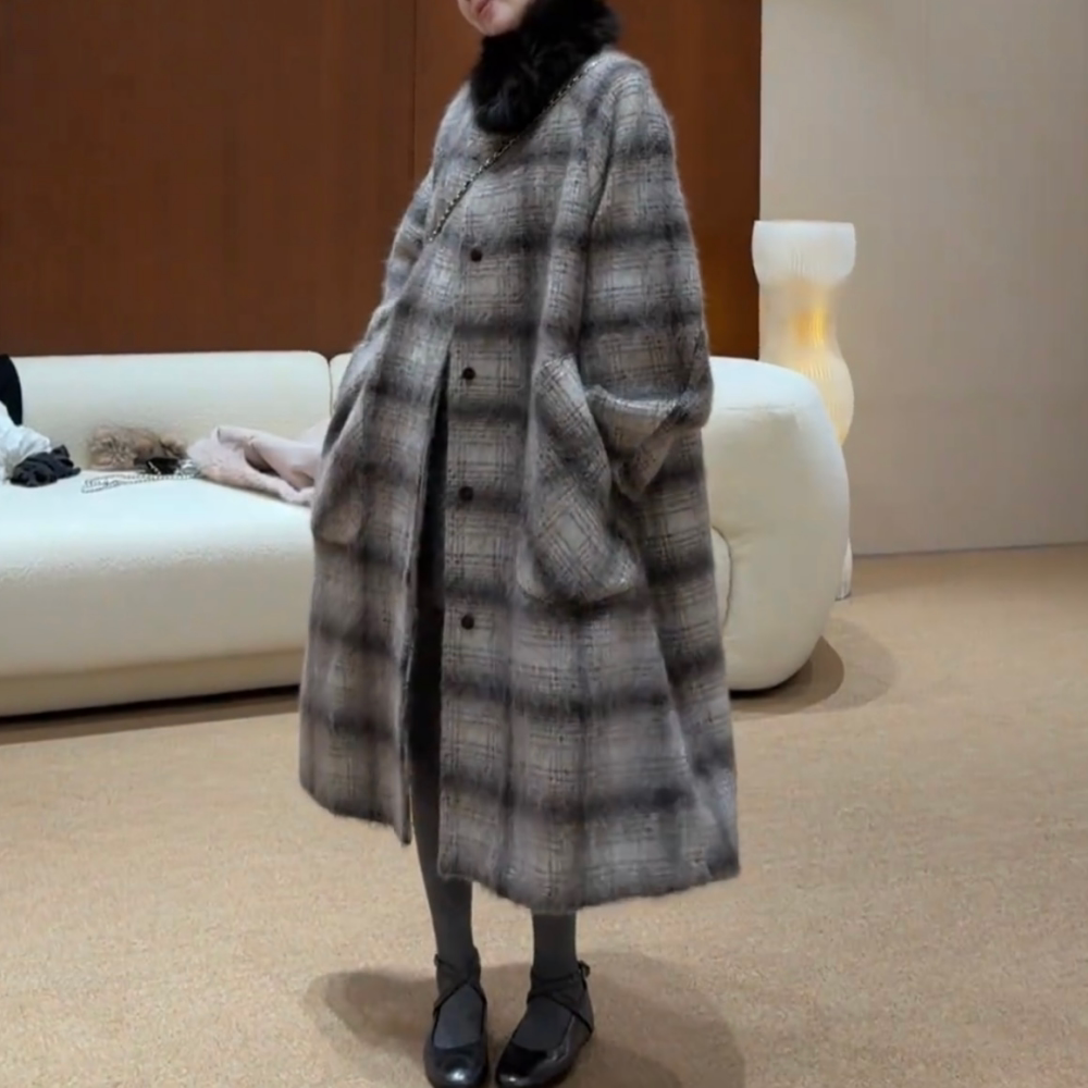 格纹毛呢大衣女长款气质显瘦
