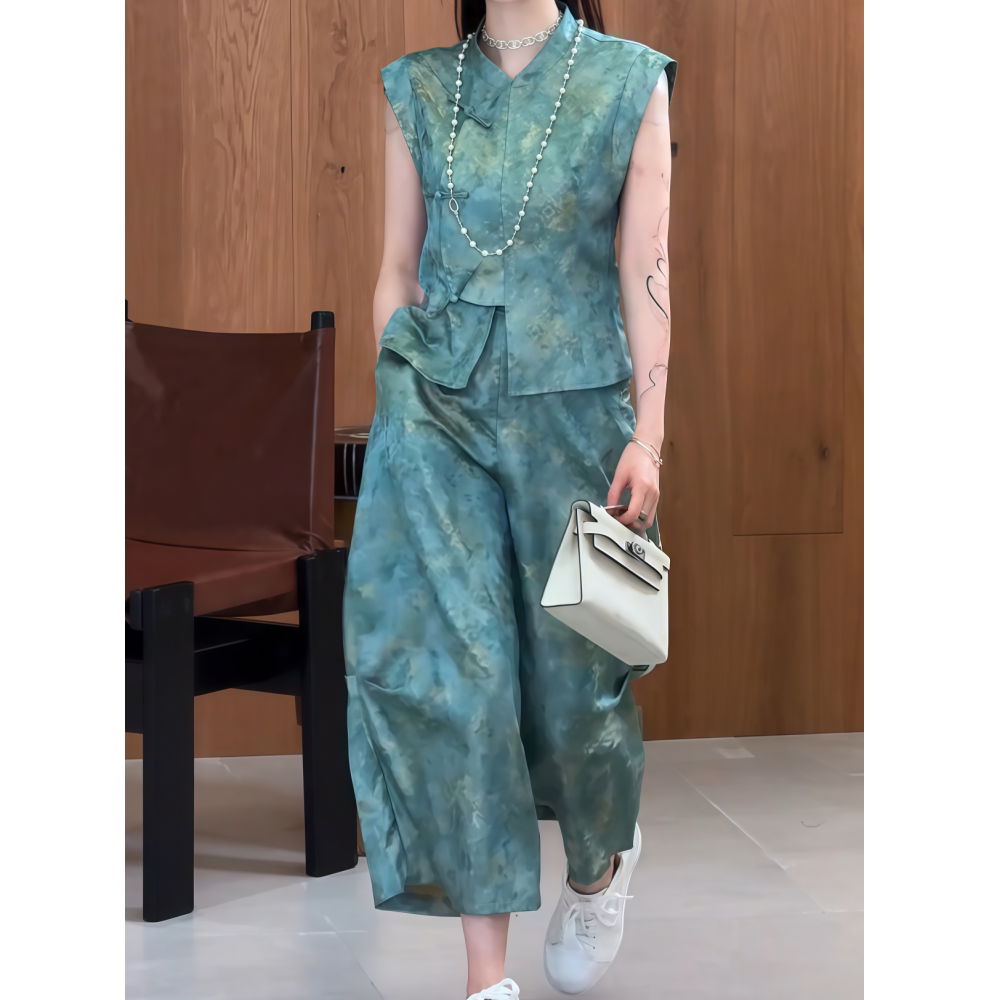 新中式显瘦夏季气质休闲百搭中国风马甲八分裤套装百搭大码两件套