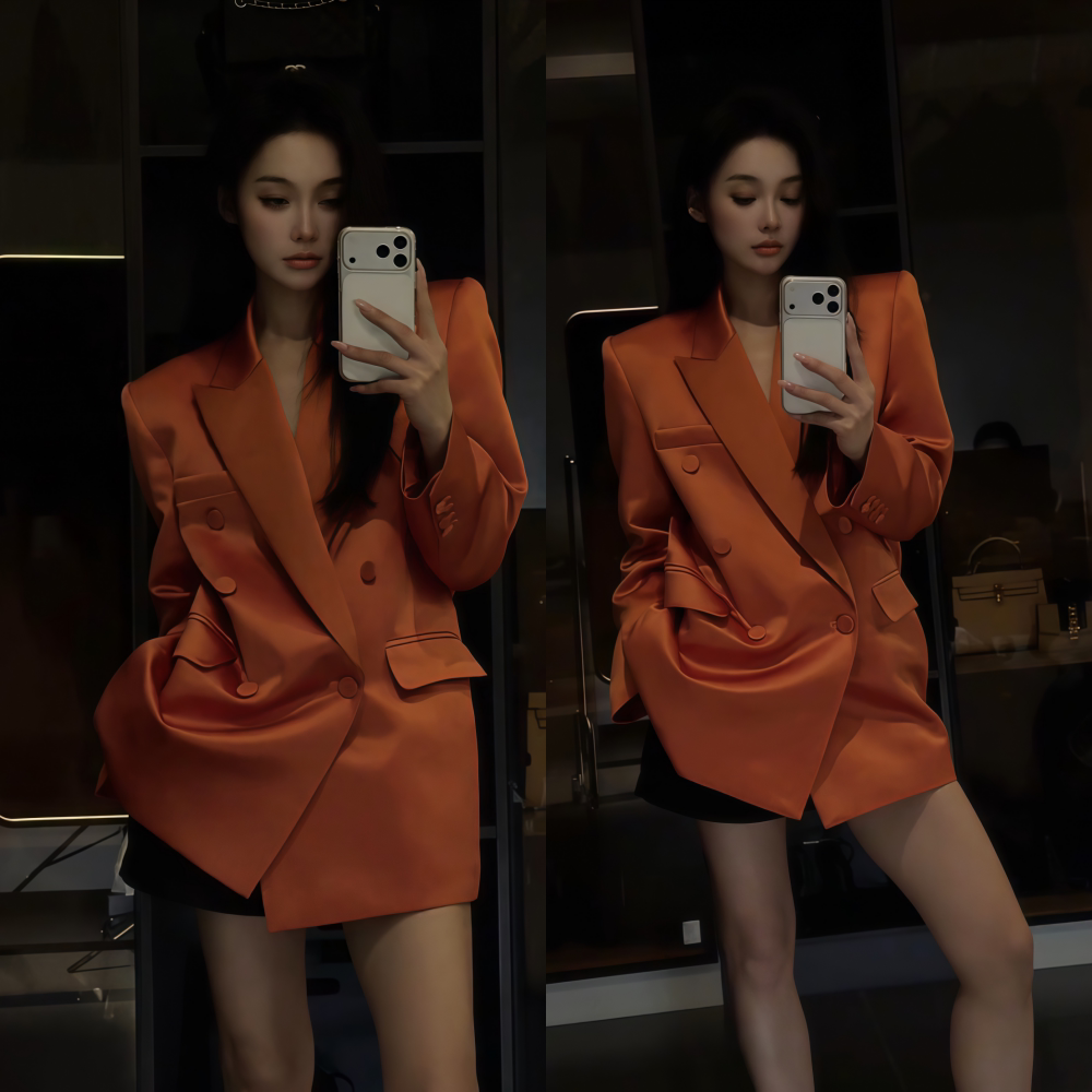 中长款桔红色正肩直筒西装外套女