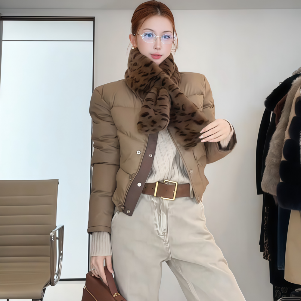 设计感卡其色短款OL羽绒服外套女