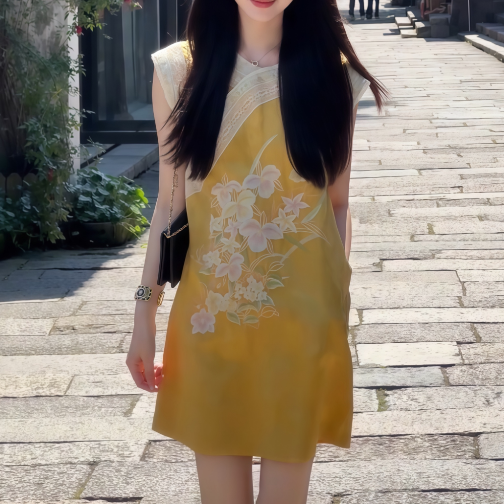 黄色白花蕾丝边无袖新中式马甲式