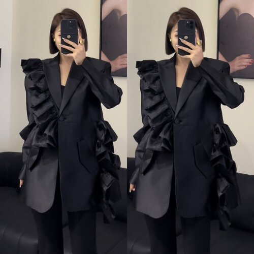 黑白荷叶波浪花边长袖西装外套女