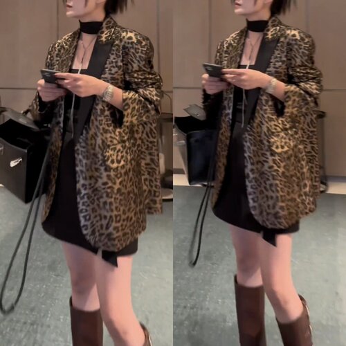 小个子豹纹印花西装外套女