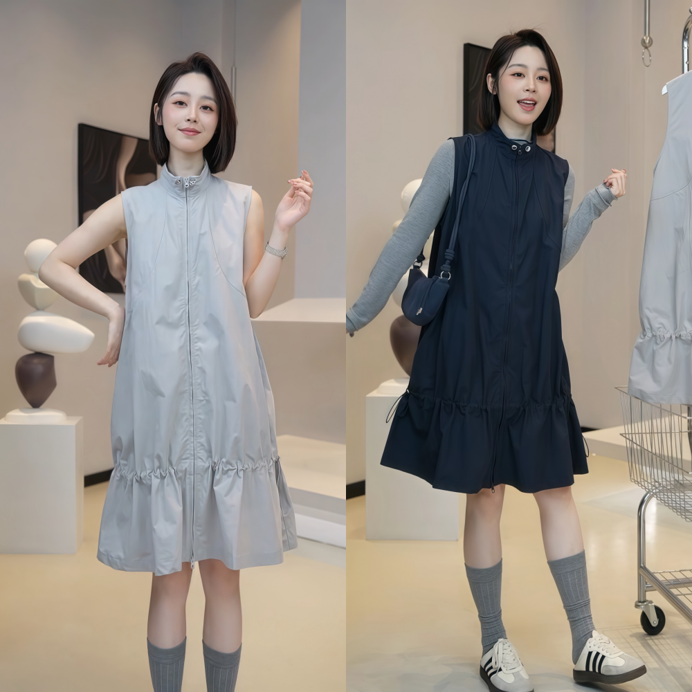2026年春季新款韩系简约休闲百搭款中长款纯色抽绳马甲款连衣裙女