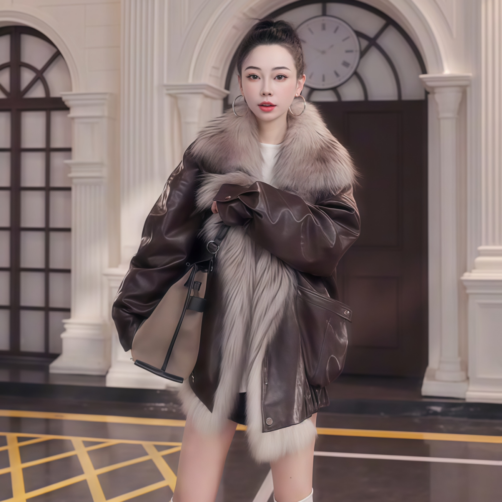 中长款咖啡色皮毛一体拼接款棉衣
