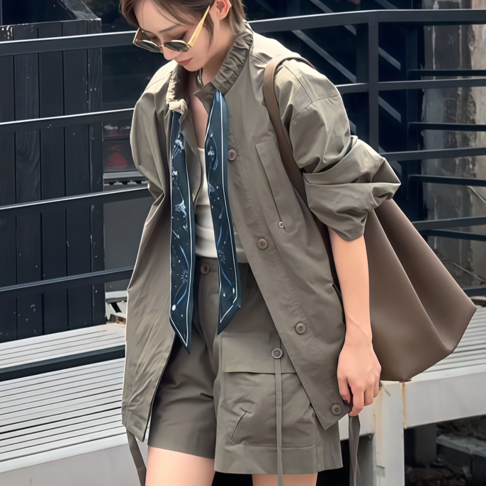 中长浅绿色风衣外套短裤套装女