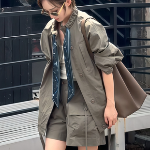 2026年秋季新款韩系工装风宽松汉服中长浅绿色风衣外套短裤套装女